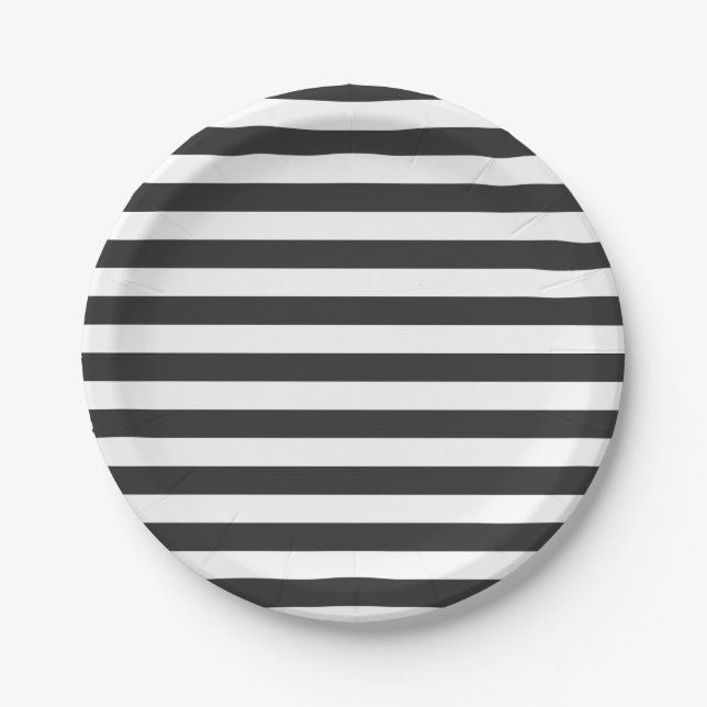 Solid Black & White Stripes Party Paper Plate (Front)