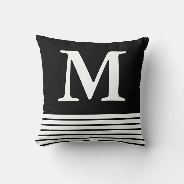 Solid Black With B/W Stripes Custom Monogrammed  Cushion (Front)
