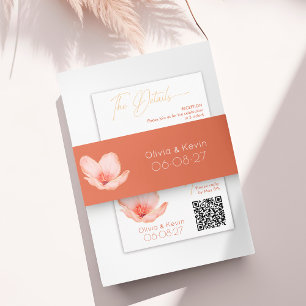 Solid bold orange modern gold floral wedding invitation belly band