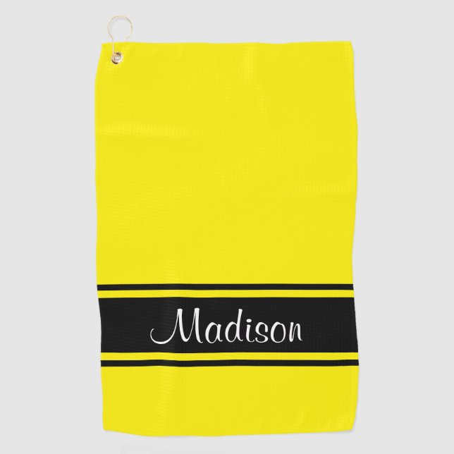 Solid Bright Yellow Black Stripes Script Name Golf Towel (Front)