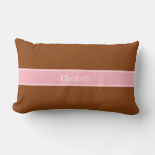 Solid Brown, Pink Ribbon Name Monogram Lumbar Cushion