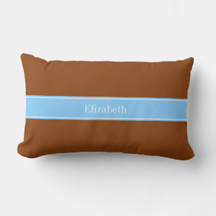 Solid Brown, Sky Blue Ribbon Name Monogram Lumbar Cushion