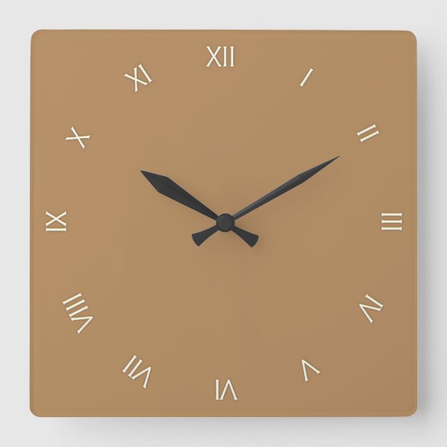 Solid Brown White Roman Numerals Square Wall Clock (Front)