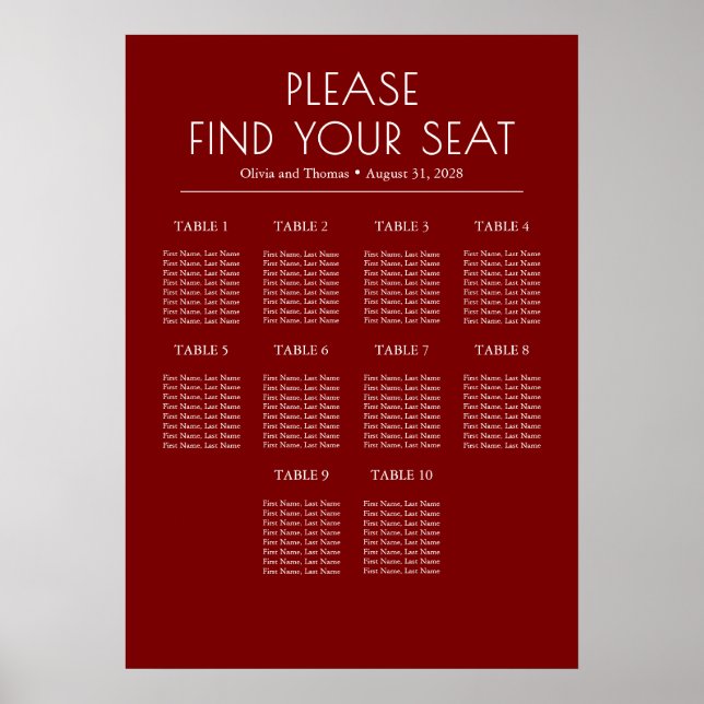 Solid Burgundy Red Modern Wedding Seating Chart (Front)