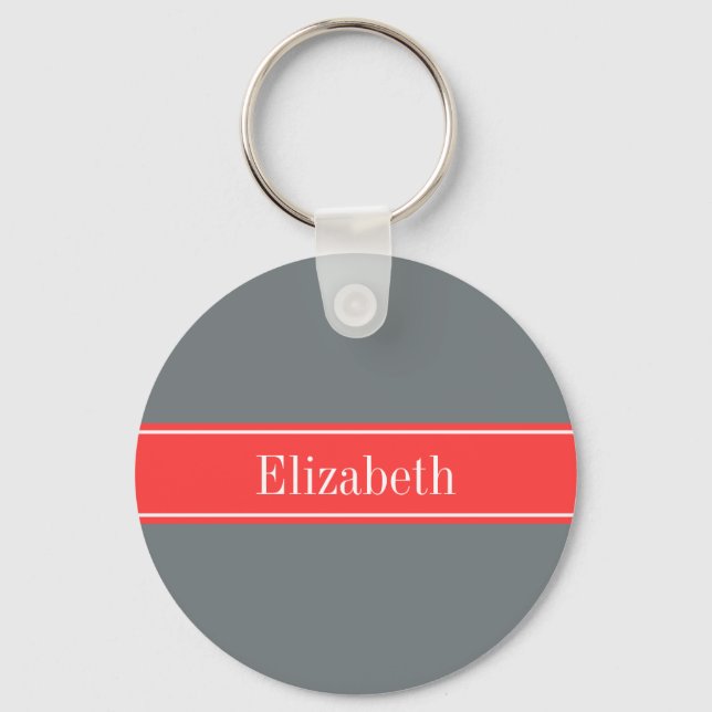 Solid Charcoal Grey Coral Red Ribbon Name Monogram Key Ring (Front)