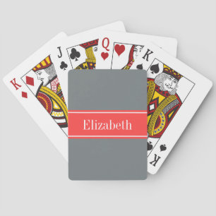 Solid Charcoal Grey Coral Red Ribbon Name Monogram Playing Cards