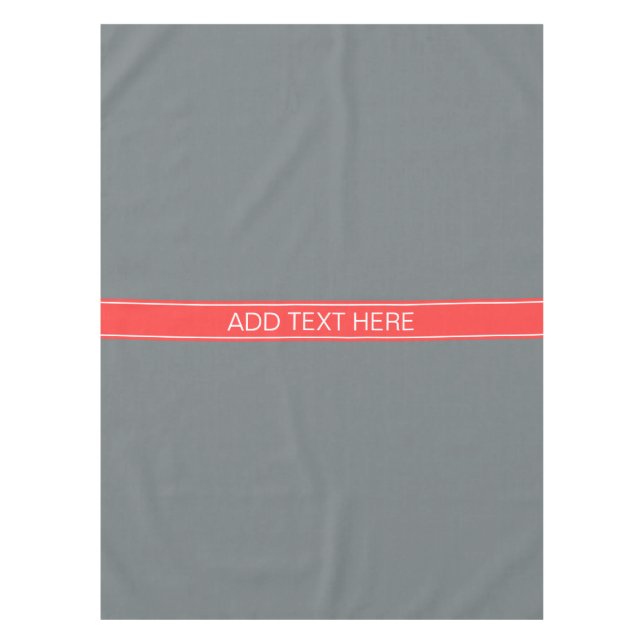 Solid Charcoal Grey Coral Red Ribbon Name Monogram Tablecloth (Front)