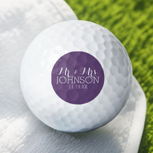 Solid Colour Aubergine Mr & Mrs Wedding Favour Golf Balls