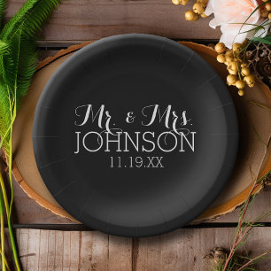 Solid Colour Black Mr & Mrs Wedding Favours Paper Plate