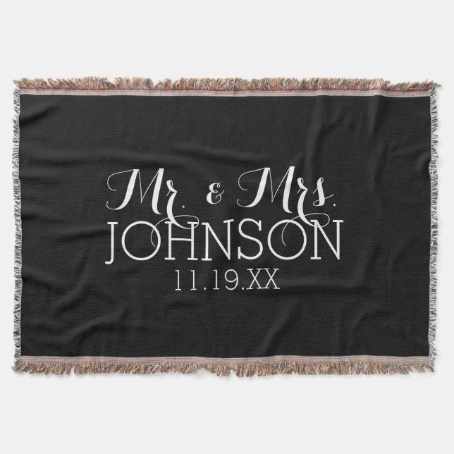 Solid Colour Black Mr & Mrs Wedding Favours Throw Blanket (Front)