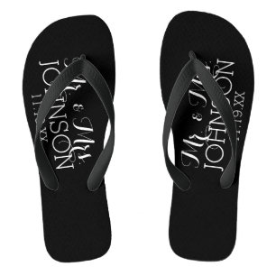 Solid Colour Black Mr & Mrs Wedding Memento Flip Flops