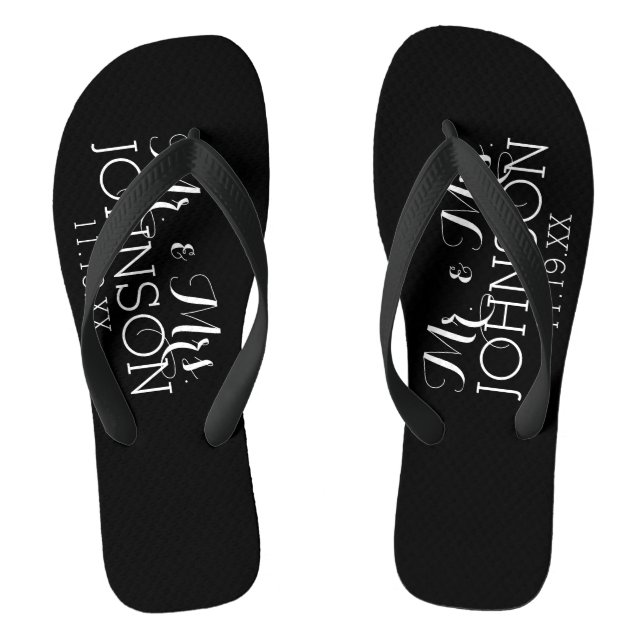 Solid Colour Black Mr & Mrs Wedding Memento Flip Flops (Footbed)