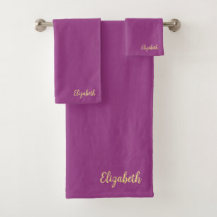 Solid Colour Bordeaux Gold Handwritten Name Custom Bath Towel Set