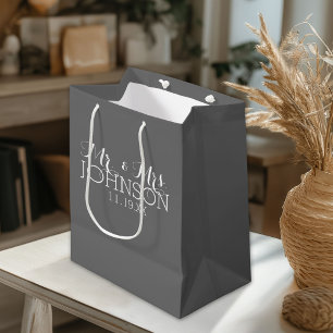 Solid Colour Charcoal - Mr & Mrs Wedding Favours Medium Gift Bag