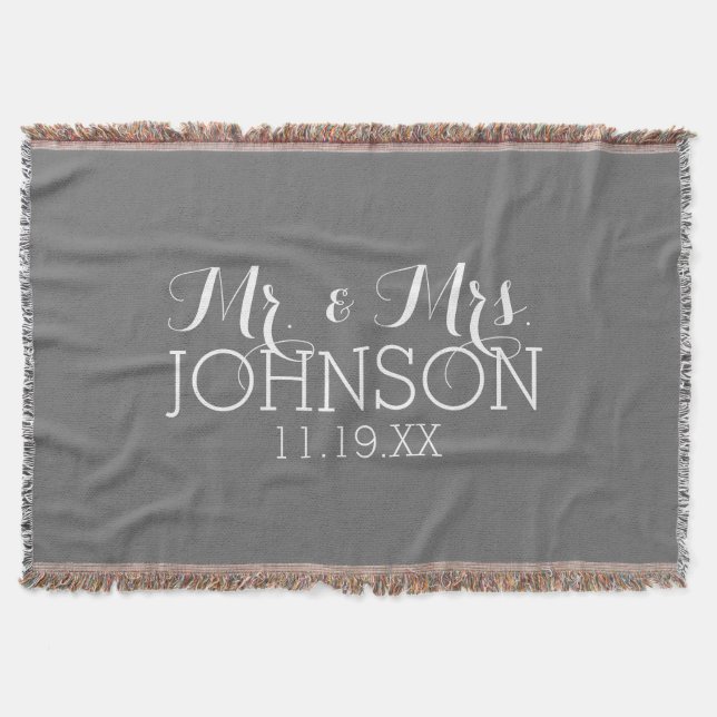 Solid Colour Charcoal - Mr & Mrs Wedding Favours Throw Blanket (Front)