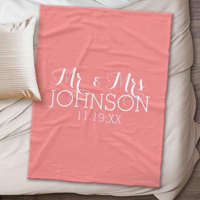 Solid Colour Coral Peach - Mr & Mrs Wedding Favour Fleece Blanket (Personalized wedding anniversary fleece blanket)