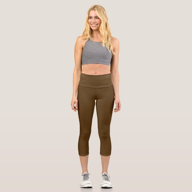 Solid colour dark chocolate brown capri leggings (Front)