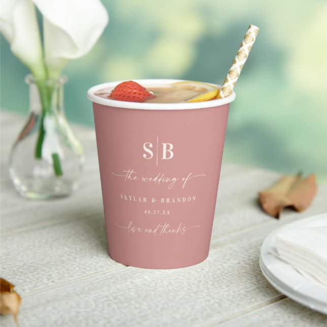 Solid Colour Dusty Rose Pink Monogrammed Wedding Paper Cups (Insitu)