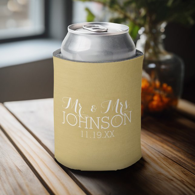 Solid Colour Gold - Mr & Mrs Wedding Favours Can Cooler (Personalized Can Cooler - Add Your name for a great wedding anniversary party favor)