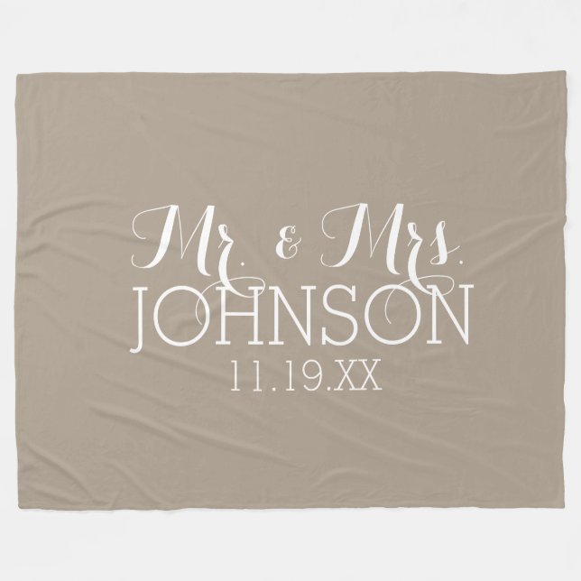 Solid Colour Linen Beige - Mr & Mrs Wedding Favour Fleece Blanket (Front (Horizontal))