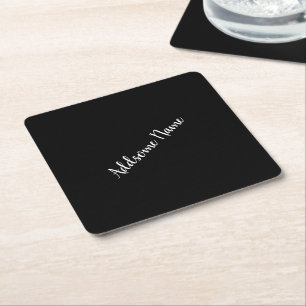 Solid Colour Modern Basic Black Monogrammed Square Paper Coaster
