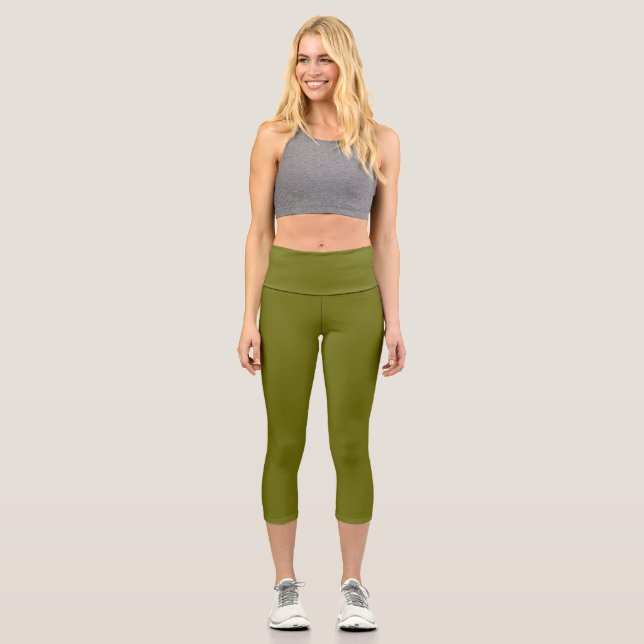 Solid colour olive green capri leggings (Front)