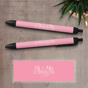 Solid Colour Pastel Pink - Mr & Mrs Wedding Favour Black Ink Pen