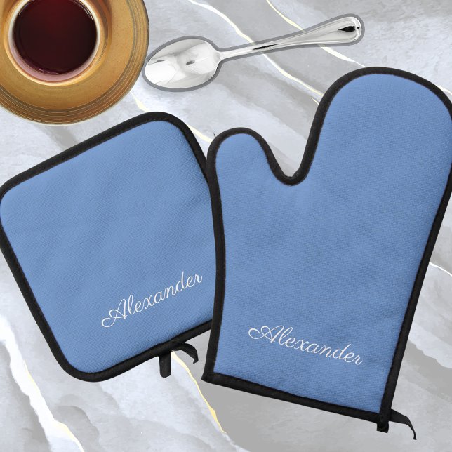 Solid Colour Periwinkle Light Powder Blue Oven Mitt & Pot Holder Set (Creator Uploaded)