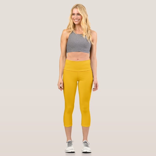 Solid colour plain hot yellow freesia capri leggings (Front)