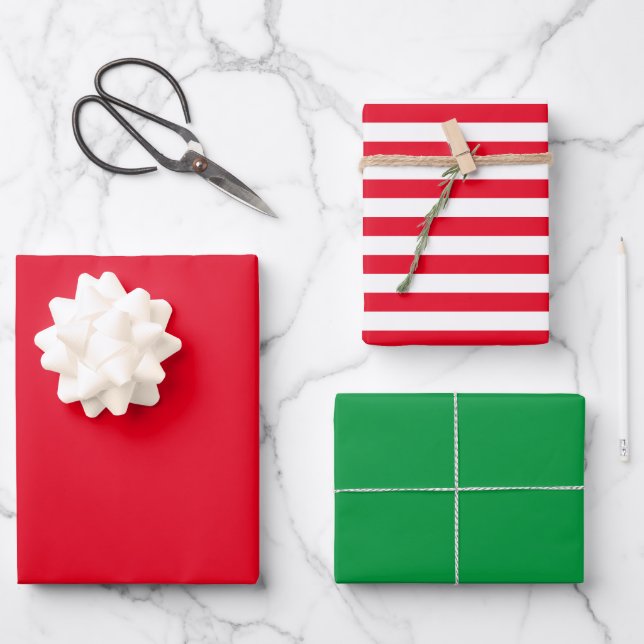 Solid Colour Red Green with Red and White Stripes Wrapping Paper Sheet (Front)