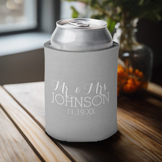 Solid Colour Silver - Mr & Mrs Wedding Favours Can Cooler (Personalized Can Cooler - Add Your name for a great wedding anniversary party favor)