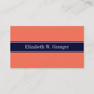 Solid Coral, Navy Blue Ribbon Name Monogram Business Card