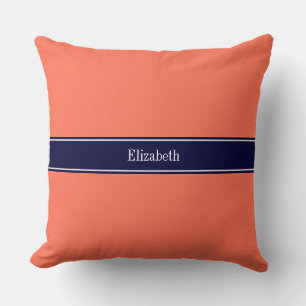 Solid Coral, Navy Blue Ribbon Name Monogram Cushion