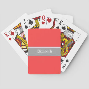Solid Coral Red, Dark Grey Ribbon Name Monogram Playing Cards