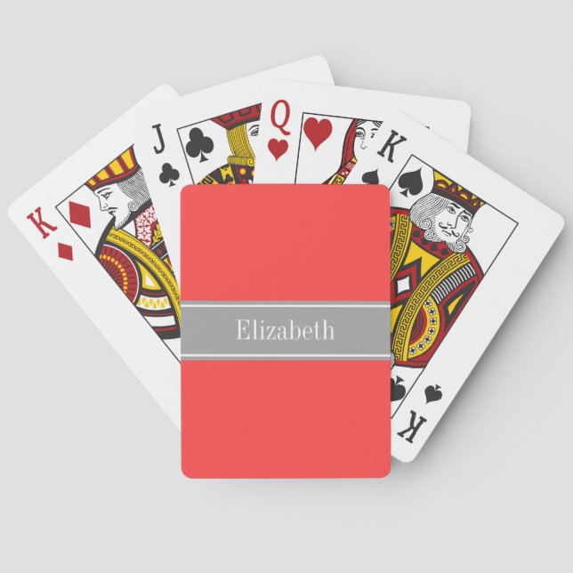 Solid Coral Red, Dark Grey Ribbon Name Monogram Playing Cards (Back)