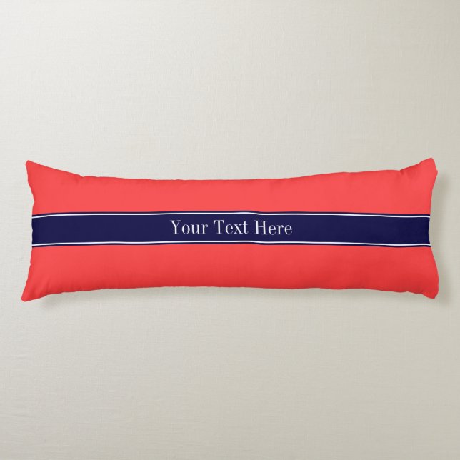 Solid Coral Red, Navy Blue Ribbon Name Monogram Body Cushion (Front)