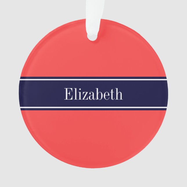 Solid Coral Red, Navy Blue Ribbon Name Monogram Ornament (Front)