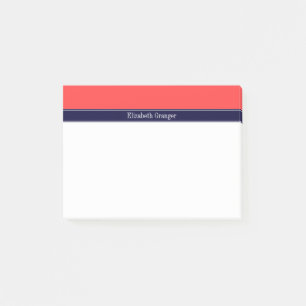 Solid Coral Red, Navy Blue Ribbon Name Monogram Post-it Notes