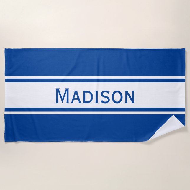 Solid Deep Blue White Stripes Modern Name Beach Towel (Front)
