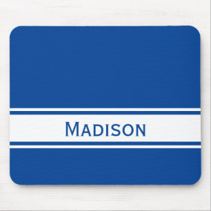 Solid Deep Blue White Stripes Modern Name Mouse Mat