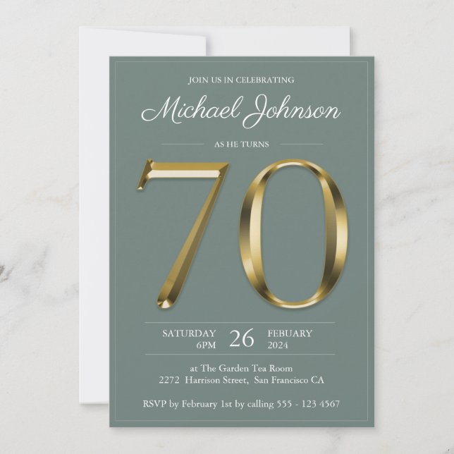 Solid Gold Text Sage Green Classy 70th Birthday  Invitation (Front)