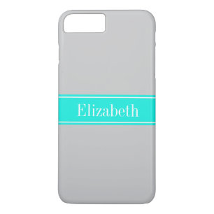 Solid Grey, Bright Aqua Ribbon Name Monogram iPhone 8 Plus/7 Plus Case