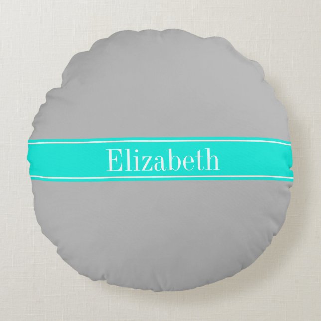 Solid Grey, Bright Aqua Ribbon Name Monogram Round Cushion (Front)