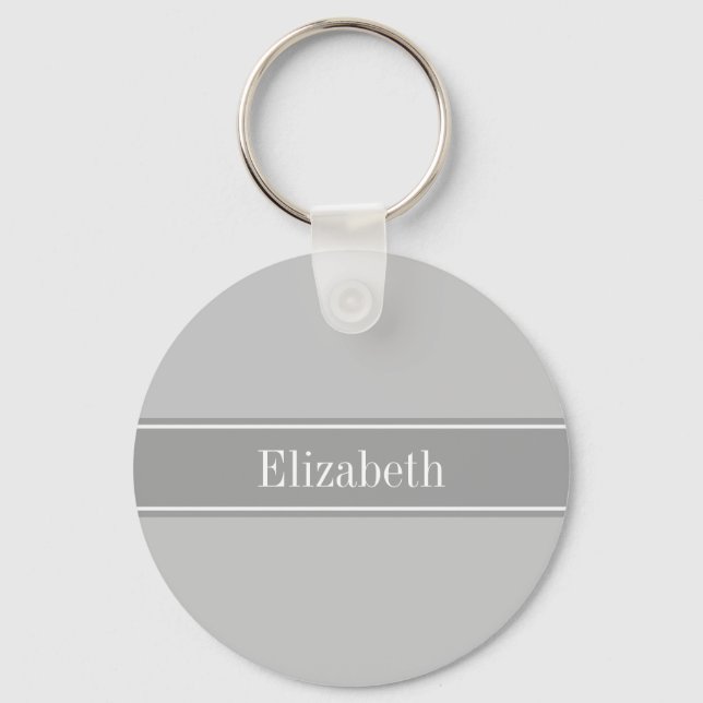 Solid Grey, Dark Grey Ribbon Name Monogram Key Ring (Front)