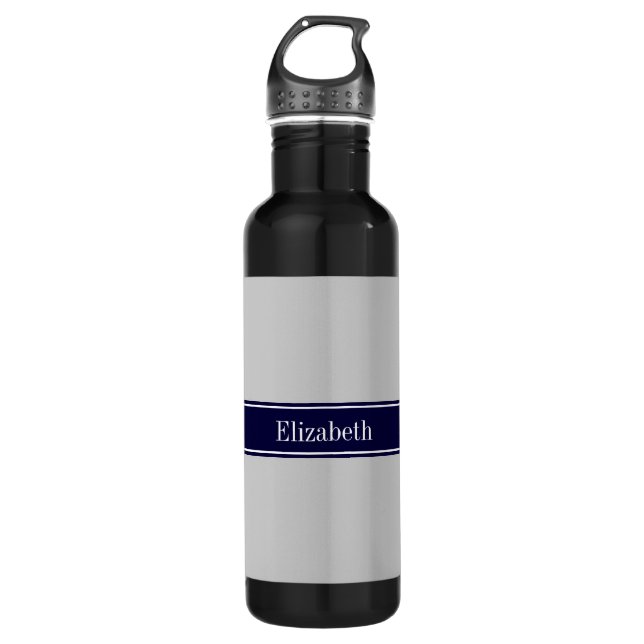 Solid Grey Navy Blue Ribbon Name Monogram 710 Ml Water Bottle (Front)