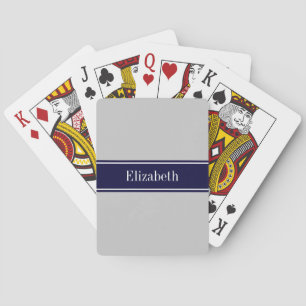 Solid Grey Navy Blue Ribbon Name Monogram Playing Cards
