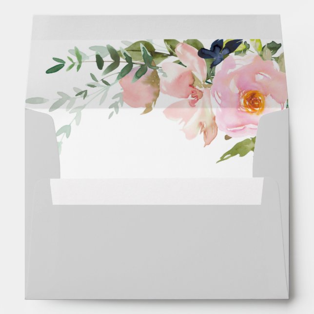 Solid Grey with Blush Pink Floral Spray Wedding Envelope (Back (Bottom))