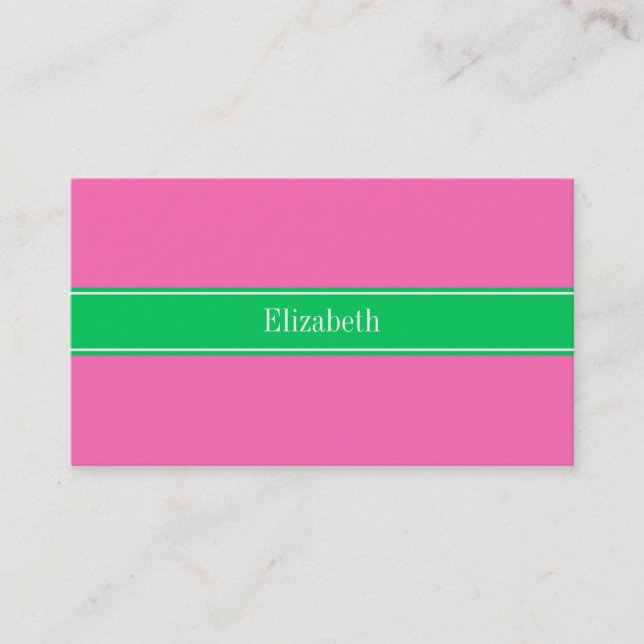 Solid Hot Pink #2 Emerald Green Rbn Name Monogram Business Card (Front)