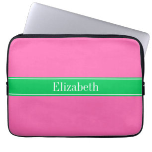 Solid Hot Pink #2 Emerald Green Rbn Name Monogram Laptop Sleeve