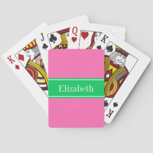 Solid Hot Pink #2 Emerald Green Rbn Name Monogram Playing Cards